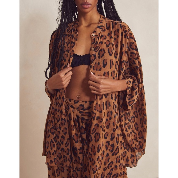 Free People Other - FP | Wake Up Shirt Brown List Sheer Animal Print Button Statement Sleeve Tunic